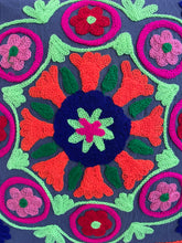 Load image into Gallery viewer, Available to buy online now from Emma&#39;s Emporium! Rainbow mandala embroidered Cushion Covers. Brightly coloured embroidery on a cotton background, with pom pom&#39;s. Extra large bold and eye catching cushion covers for a boho home. Visit Emma&#39;s Emporium for alternative women&#39;s clothing, festival fashion and hippy styles.

