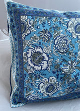 Load image into Gallery viewer, Available to buy now from Emma&#39;s Emporium, Hand Block Printed cotton Floral Cushion Cover. Traditional Indian Flowers! These beautiful ethnic cushion covers have been hand block printed in India Rajasthan, made from 100% cotton with concealed side seam zip. 16” x 16” (40 x 40 cm) Cotton Made in Rajasthan, India
