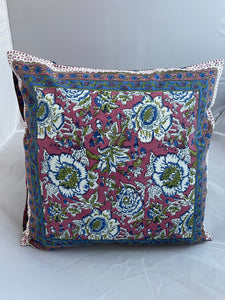 Available to buy now from Emma's Emporium, Hand Block Printed cotton Floral Cushion Cover. Traditional Indian Flowers! These beautiful ethnic cushion covers have been hand block printed in India Rajasthan, made from 100% cotton with concealed side seam zip. 16” x 16” (40 x 40 cm) Cotton Made in Rajasthan, India
