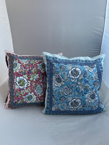 Available to buy now from Emma's Emporium, Hand Block Printed cotton Floral Cushion Cover. Traditional Indian Flowers! These beautiful ethnic cushion covers have been hand block printed in India Rajasthan, made from 100% cotton with concealed side seam zip. 16” x 16” (40 x 40 cm) Cotton Made in Rajasthan, India