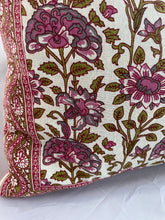 Load image into Gallery viewer, Available to buy now from Emma&#39;s Emporium, Hand Block Printed cotton Floral Cushion Cover. These beautiful ethnic cushion covers have been hand block printed in India Rajasthan, made from 100% cotton with concealed side seam zip.  Size: 16” x 16” (40 x 40 cm) Material: Cotton Made in Rajasthan, India
