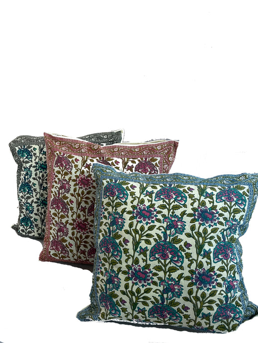Available to buy now from Emma's Emporium, Hand Block Printed cotton Floral Cushion Cover. These beautiful ethnic cushion covers have been hand block printed in India Rajasthan, made from 100% cotton with concealed side seam zip.  Size: 16” x 16” (40 x 40 cm) Material: Cotton Made in Rajasthan, India