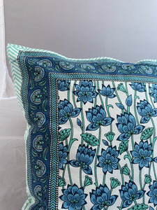 Available to buy now from Emma's Emporium, Hand Block Printed cotton Floral Cushion Cover. These beautiful ethnic cushion covers have been hand block printed in India Rajasthan, made from 100% cotton with concealed side seam zip.  Size: 16” x 16” (40 x 40 cm) Material: Cotton Made in Rajasthan, India