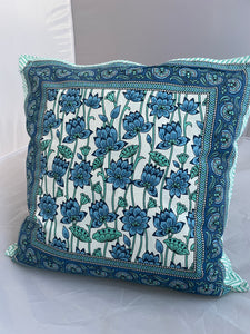 Available to buy now from Emma's Emporium, Hand Block Printed cotton Floral Cushion Cover. These beautiful ethnic cushion covers have been hand block printed in India Rajasthan, made from 100% cotton with concealed side seam zip.  Size: 16” x 16” (40 x 40 cm) Material: Cotton Made in Rajasthan, India