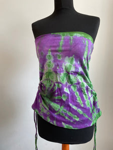 Emma's Emporium cotton lycra tie dye summer mini skirt, super colourful hippie tie dye asymmetric drawstring mini skirt, ideal for festival days and all night raves. Available to buy online from Emma's Emporium.