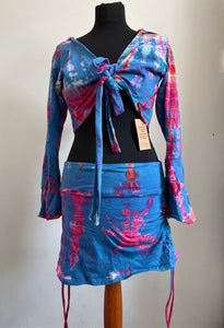 Emma's Emporium cotton lycra tie dye summer mini skirt, super colourful hippie tie dye asymmetric drawstring mini skirt, ideal for festival days and all night raves. Available to buy online from Emma's Emporium.
