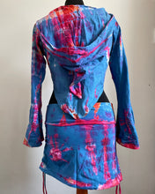 Load image into Gallery viewer, Emma&#39;s Emporium cotton lycra tie dye summer mini skirt, super colourful hippie tie dye asymmetric drawstring mini skirt, ideal for festival days and all night raves. Available to buy online from Emma&#39;s Emporium.
