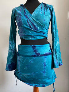 Emma's Emporium cotton lycra tie dye summer mini skirt, super colourful hippie tie dye asymmetric drawstring mini skirt, ideal for festival days and all night raves. Available to buy online from Emma's Emporium.