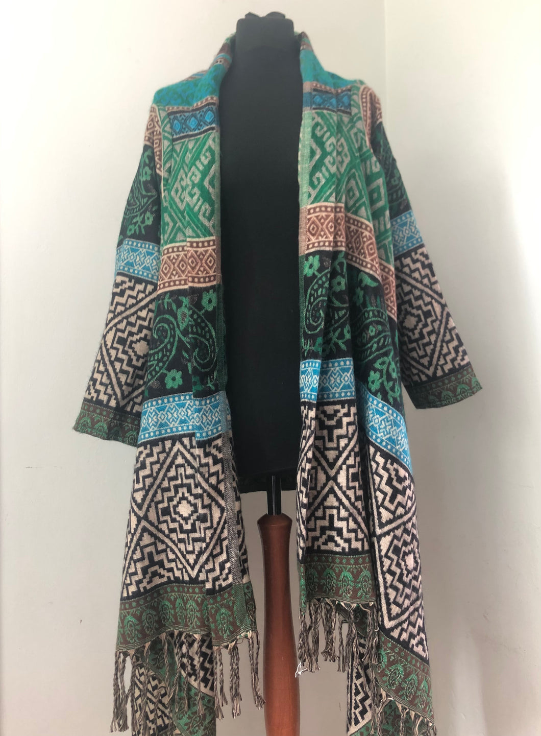 Emma's Emporium ethical boho fashion. Geometirc print wrap waterfall cardicgan, cosy winter work from home coatigan