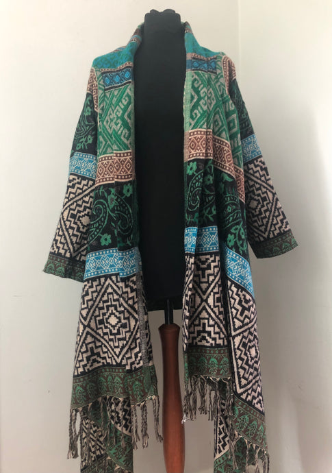 Emma's Emporium ethical boho fashion. Geometirc print wrap waterfall cardicgan, cosy winter work from home coatigan