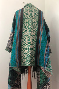 Emma's Emporium ethical boho fashion. Geometirc print wrap waterfall cardicgan, cosy winter work from home coatigan