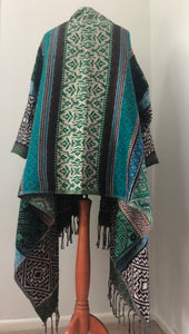 Emma's Emporium ethical boho fashion. Geometirc print wrap waterfall cardicgan, cosy winter work from home coatigan