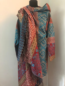 Emma's Emporium ethical boho fashion. Geometirc print wrap waterfall cardicgan, cosy winter work from home coatigan