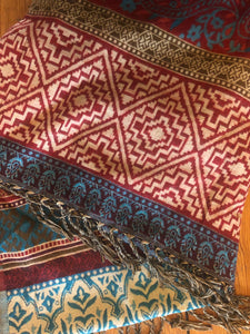Emma's Emporium ethical boho fashion. Geometirc print wrap waterfall cardicgan, cosy winter work from home coatigan