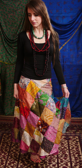 Emma's Emporium recycled silk patchwork wraparound skirt.