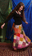 Load image into Gallery viewer, Emma&#39;s Emporium recycled silk patchwork wraparound skirt.
