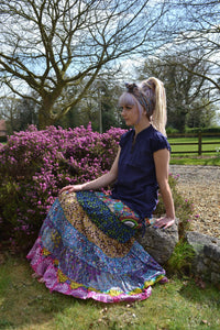 Emmas emporium recycled cotton frill maxi skirt. Colourful Indian block print ethnic skirt