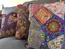 Load image into Gallery viewer, Emma&#39;s Emporium recycled beaded sequin colourful embroidered cushion cover.
