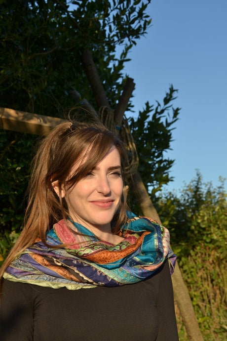Emma's Emporium Recycled silk scarf, colourful, beautiful, elegant, ethnic and ethical. Fairtrade and alternative festival fashion. Made in India.