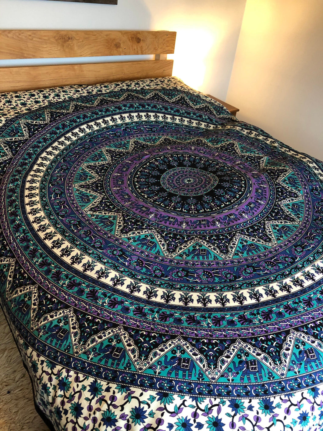 Emma's Emporium mandala cotton bedspread. Beautiful ethnic Indian elephant bedspread, wall hanging or throw. Made with love in India.