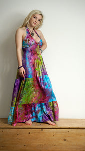 Emma's Emporium Tie Dye Maxi Beach sun dress, colourful halter neck full length hippie dress 