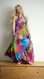 Emma's Emporium Tie Dye Maxi Beach sun dress, colourful halter neck full length hippie dress 