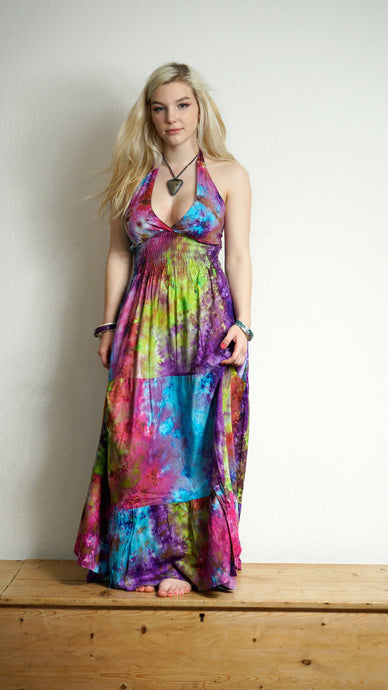 Emma's Emporium Tie Dye Maxi Beach sun dress, colourful halter neck full length hippie dress 