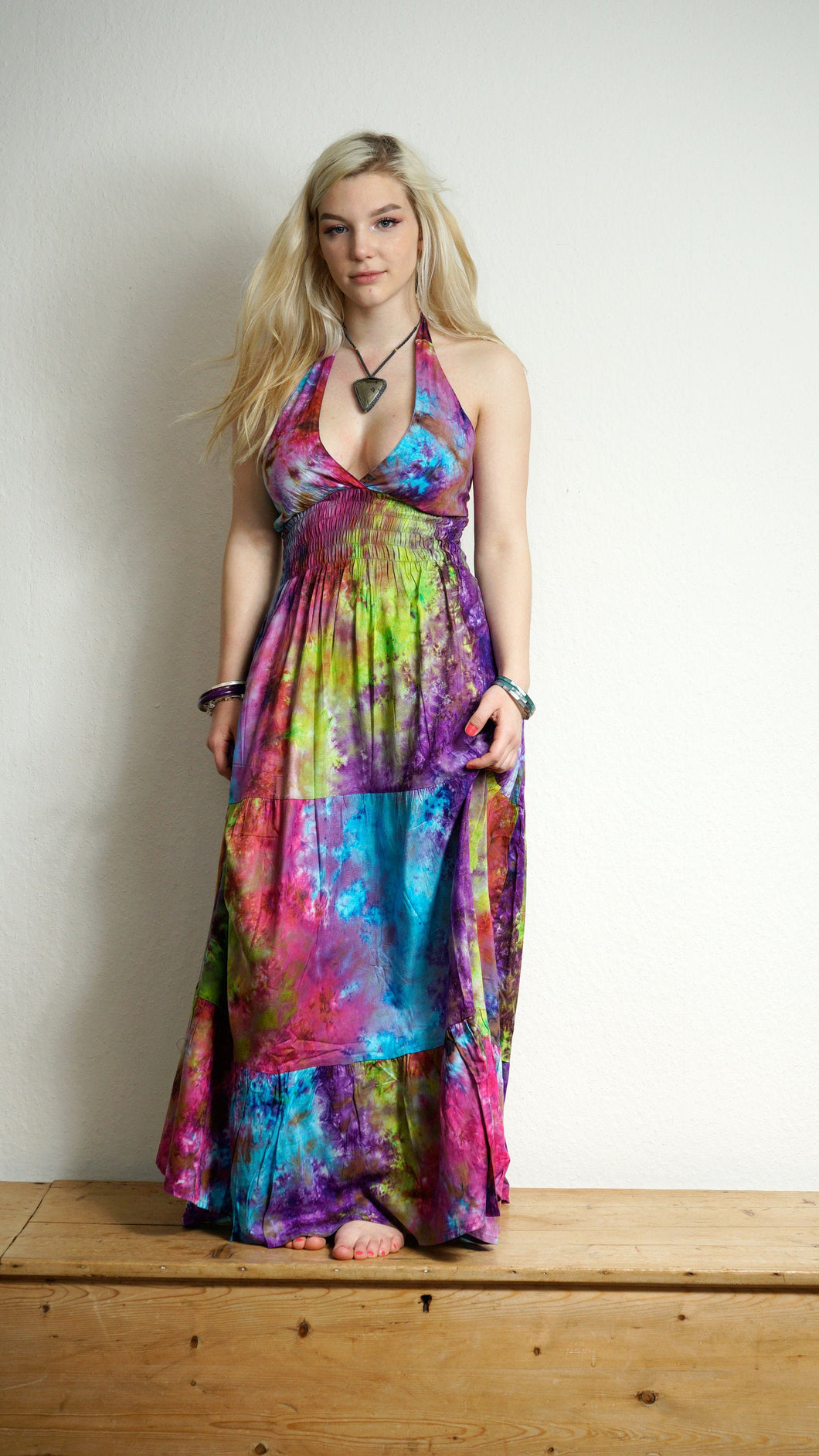 Emma's Emporium Tie Dye Maxi Beach sun dress, colourful halter neck full length hippie dress 