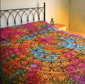 Emma's Emporium Tie Dye Mandala Double or Kingsize Bed Spread, Wall Hanging, or Throw. 100% Cotton printed in India. Visit our website for more Hippy, Boho and Festival women's clothing, accessories and homewares. Ethically sourced from around the world.