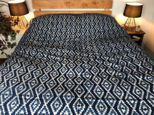 Emma's Emporium hand block printed double kingsize bedspread, indigo blue geometric traditional print handicraft. Ethnic bedspread, wall hanging or throw for you stylish home. hippie style, boho decor, ethnic style. 100% Cotton