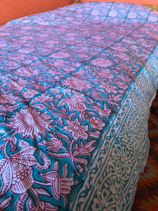 Single Floral Block Printed Bedspread, throw, wall hanging or table cloth