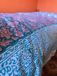 Single Floral Block Printed Bedspread, throw, wall hanging or table cloth