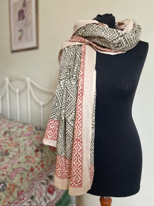 buy now online from Emma's Emporium. close up of natural hand block printed cotton summer scarf of sarong.