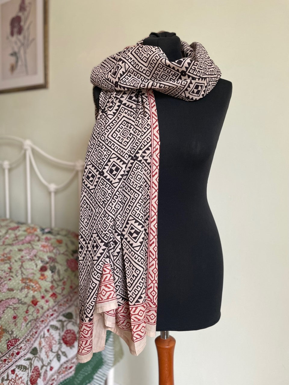 buy now online from Emma's Emporium. close up of natural hand block printed cotton summer scarf of sarong.