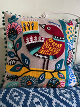 Load image into Gallery viewer, New in stock at Emma&#39;s Emporium. Mexican folk art inspired colourful bird and flower embroidered cushion cover, extra large size; unusual design the perfect addition to any boho or eclectic home. Buy online now from Emma&#39;s Emporium bohemian and hippy home wares and clothing.
